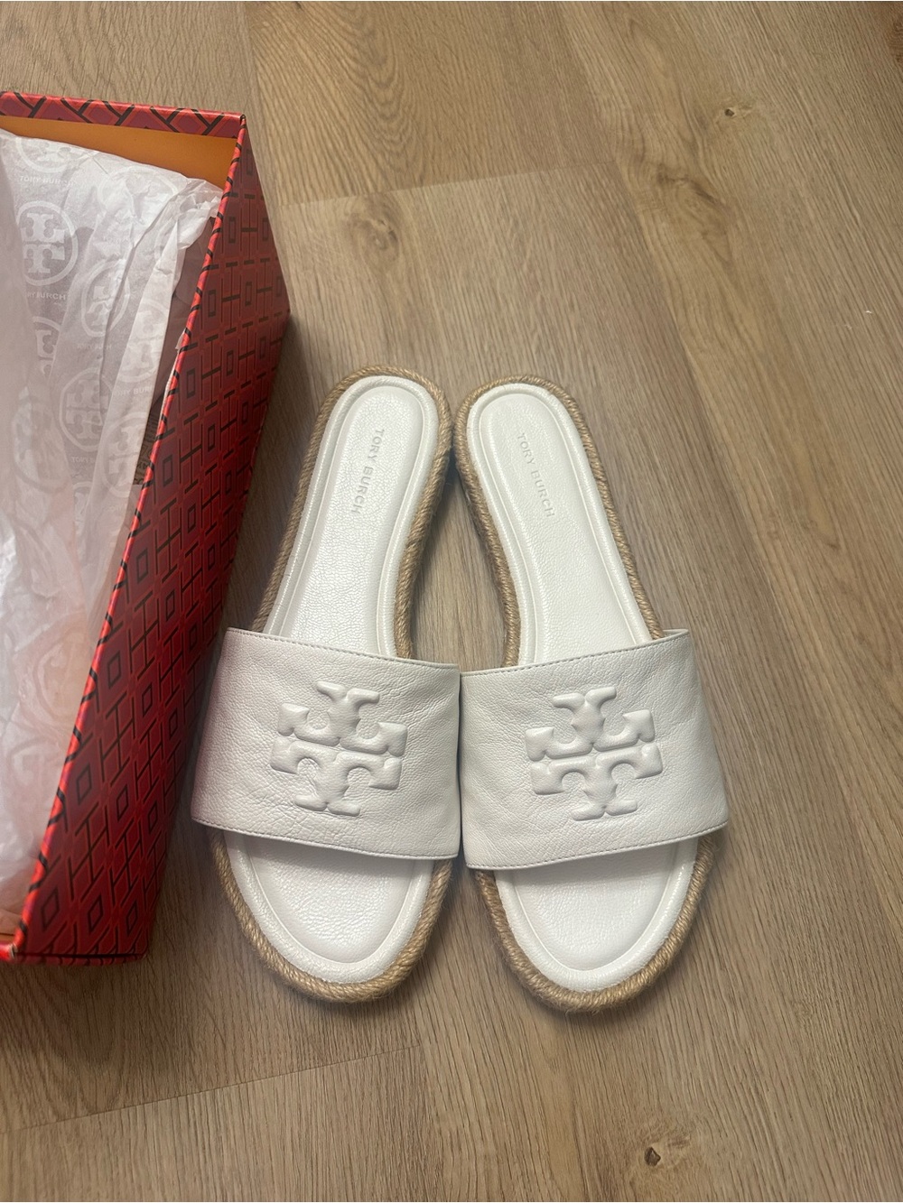 Tory Burch White Leather Logo Slide Sandals